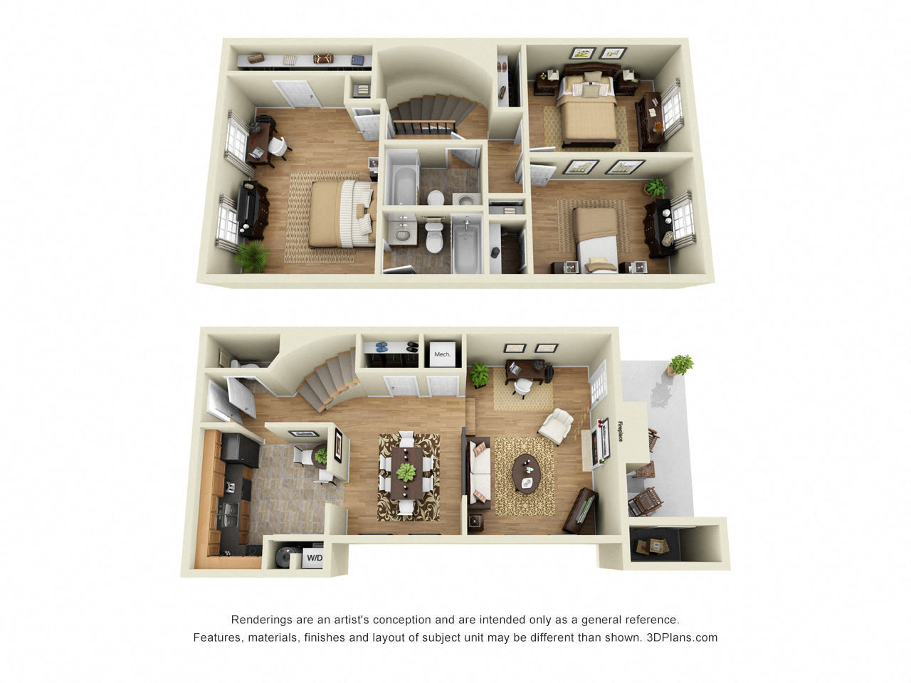 Floor plan for 3 beds, 2.5 baths, 1489 sqft